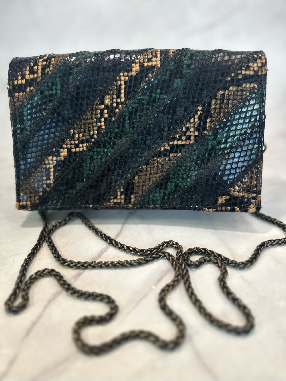 Zara Woman Snakeskin Print Chain Crossbody Bag Green Brown Faux Leather Clutch